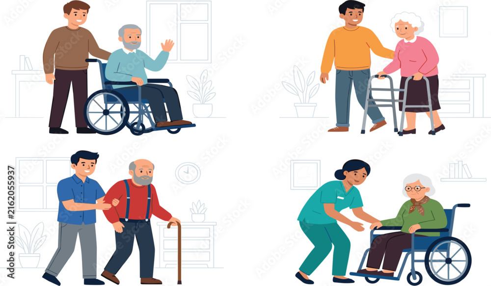 Fototapeta premium Elderly care concept, caregivers helping senior people in wheelchairs and walking with assistance