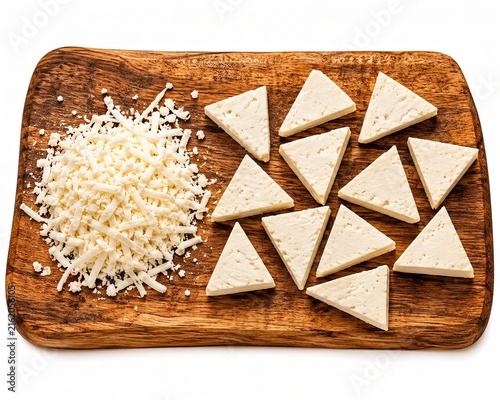 Fresh white cheese slices and shredded cheese on a wooden cutting board