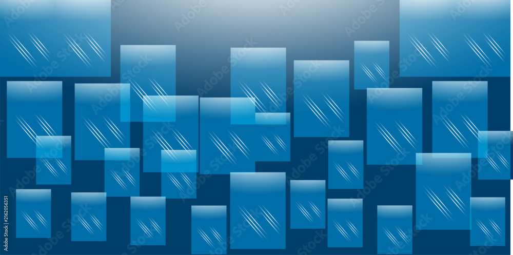 Obraz premium Abstract Blue Geometric Vector Background with Overlapping Glossy Glass Rectangles and Light Streaks for Tech Web Banners