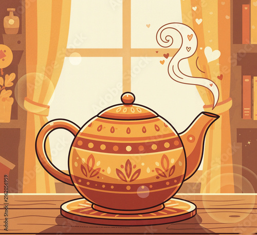 Tea pot with love symbols in a cozy room interior