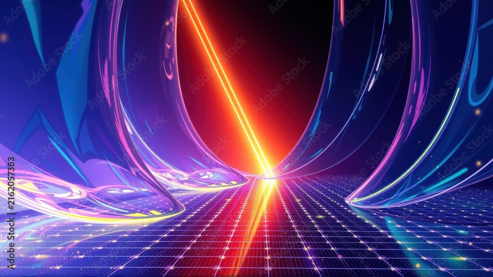 Fototapeta premium Vibrant abstract tunnel. Glowing lines converge toward bright center. Dark background emphasizes neon colors, creating futuristic feel.