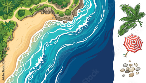 Tropical Beach Aerial Top View Vector Background and Island Elements Set with Sea Waves Coastline Palm Leaves and Red Umbrella for Summer Vacation Graphic Designs