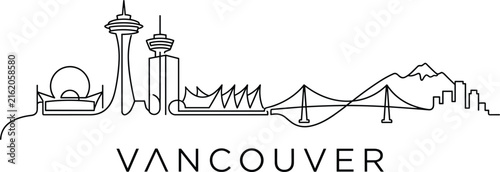 Vancouver Canada Monoline Skyline Line Art with Iconic Landmarks and Modern Architecture Illustration