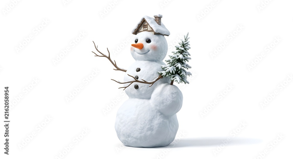 Obraz premium Whimsical 3D render of a snowman with a cottage hat and pine tree isolated on white background