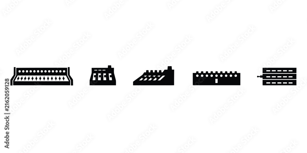 Fototapeta premium Collection of five black silhouette showing various audio mixing consoles and sound control equipment for music production and recording