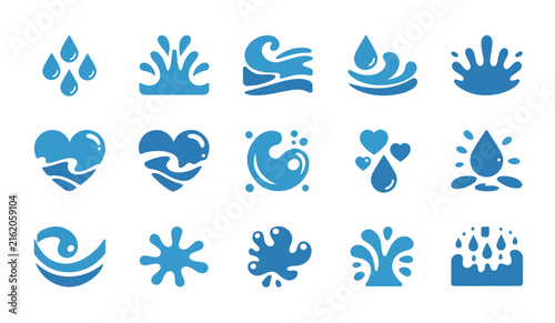 Blue water splash and heart wave icon collection for healthcare branding and environmental awareness campaigns.