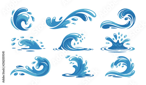 Graphic set of blue water waves and splash icons for modern interface design and environmental projects.