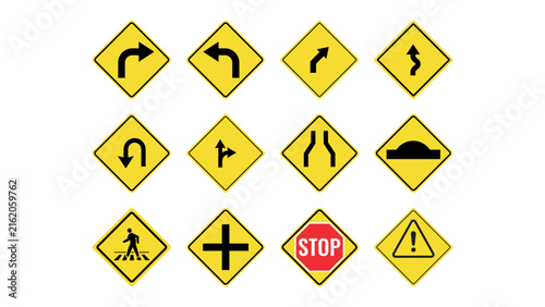 Collection of yellow road signs for various turns and warnings on highway.