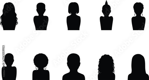 Black silhouette bust icon collection with diverse hairstyles and minimal human profile variations