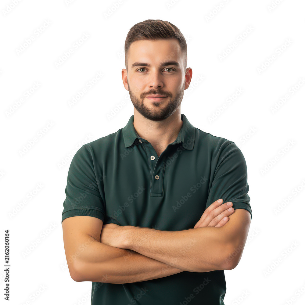 Obraz premium Young man in green polo shirt standing with arms crossed isolated on transparent background