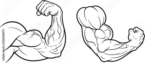 Obraz na płótnie Strong muscular bicep arm flexing vector line art illustration set featuring pow