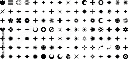 Minimalist Brutalist Sparkle Star and Geometric Shape Silhouette Vector Icon Set for Retro Y2K Graphic Designs Patterns Branding and UI Elements