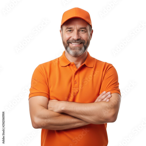 Smiling man in orange uniform cap and polo shirt isolated on transparent background