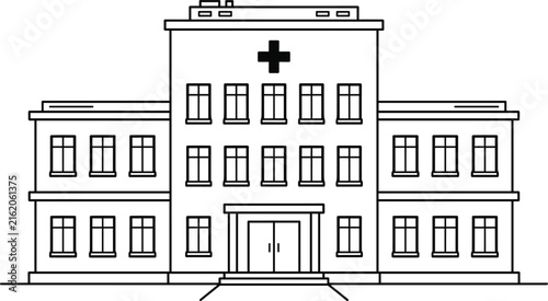 Minimalist line art vector illustration of a hospital building medical clinic facade icon isolated on white background.