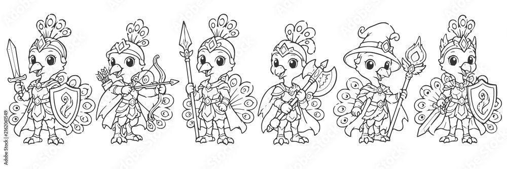 Fototapeta premium Coloring page of cute peacock characters dressed as fantasy RPG classes including knight, archer, lancer, warrior, mage, and paladin
