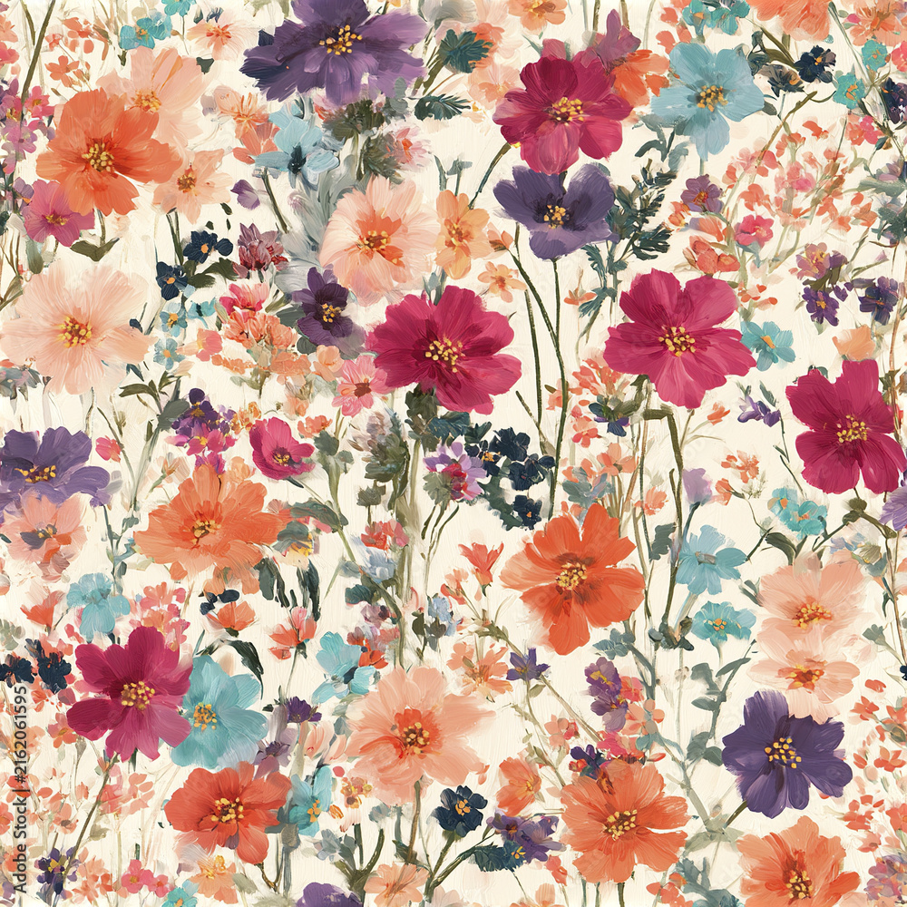 Naklejka premium Colorful floral pattern with vibrant orange, purple, pink, and blue flowers creating lively summer garden design