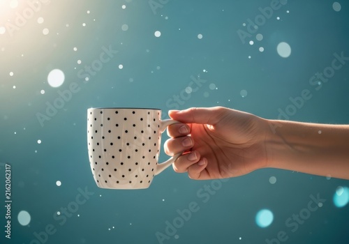 Hand holding a polka dot coffee mug against a teal background with soft bokeh light effects