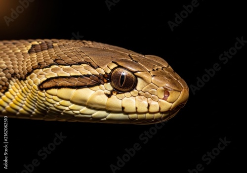 Closeup portrait of a snake head with detailed scales and piercing eye on a black background