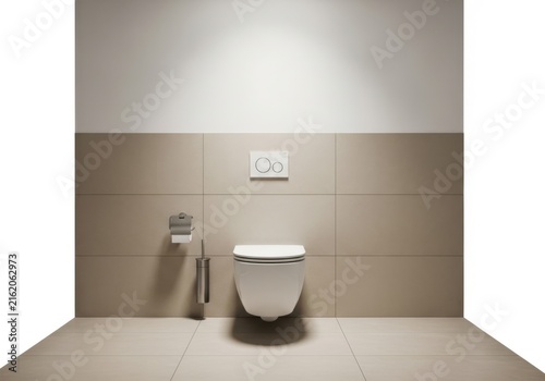 Modern minimalist bathroom interior with wallmounted toilet and beige tiled wall