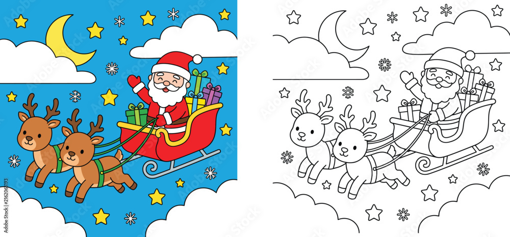 Fototapeta premium Cute Santa Claus in sleigh flying with reindeers in night sky, Christmas color vector illustration and line art coloring page outline for kids