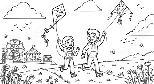 Foto Happy children coloring page vector of boy and girl running with kites near amus