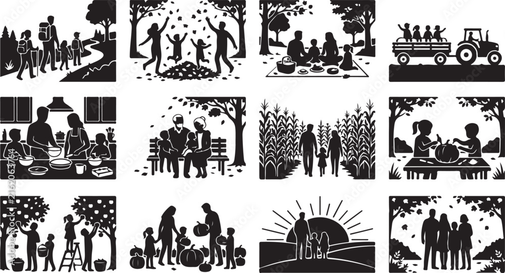 Fototapeta premium Autumn outdoor family activity silhouette set featuring hiking, pumpkin picking, harvest, and nature scenes on white background