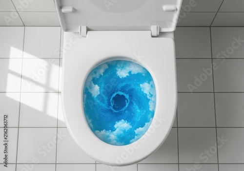 Surreal view inside a toilet bowl featuring a swirling blue sky with clouds