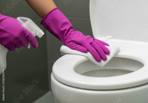 Person wearing pink rubber gloves cleaning a white toilet seat with a spray bottle and cloth