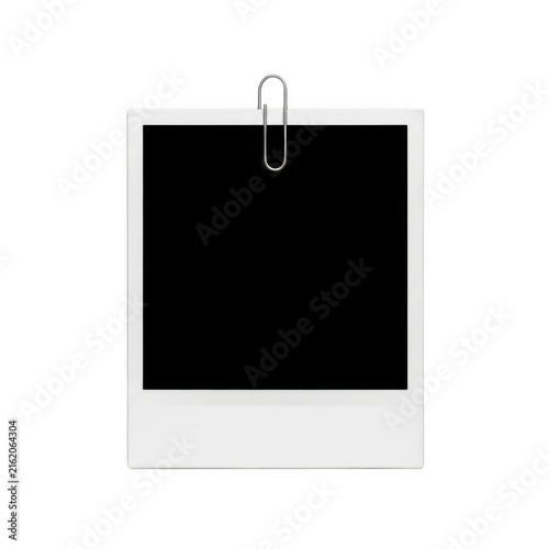 Black square photo frame with a silver metal paper clip isolated on transparent background