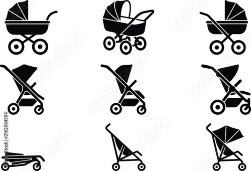 Baby stroller and pram icon collection set featuring folded compact buggy pushchair and bassinet infant transport shapes