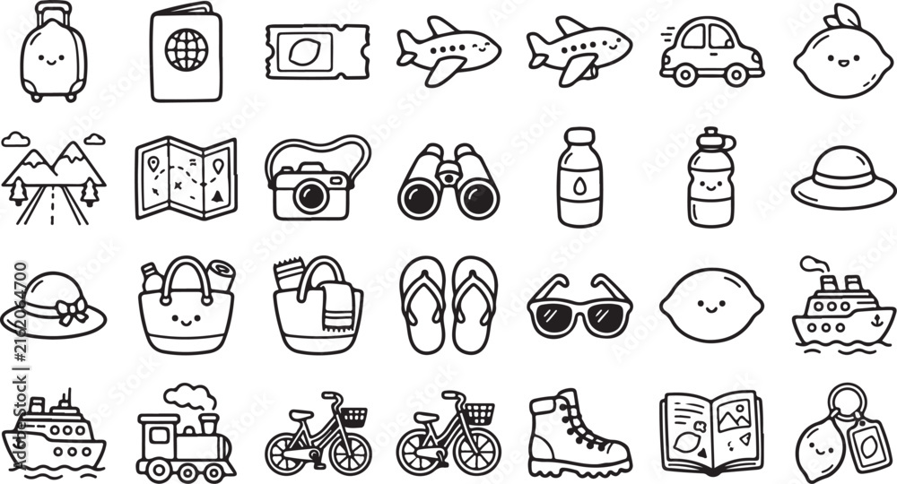 Obraz premium Travel and transportation set, black and white line doodles featuring luggage, passport, airplane, car, map, and vacation gear