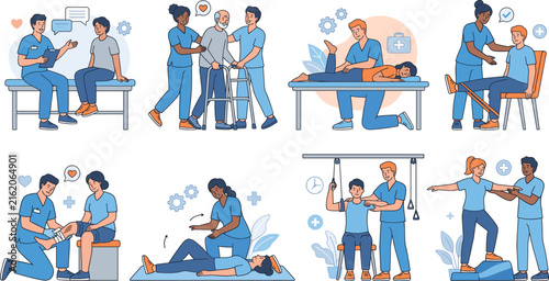 Fotografie Physical therapy and rehabilitation clinic scenes with physiotherapists helping