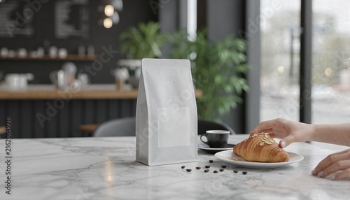 Premium white coffee bag with label on a marble cafe table