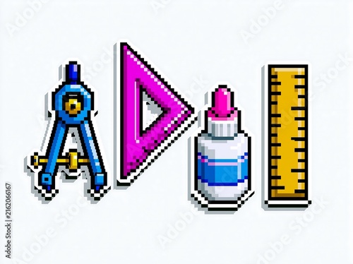 Set of pixel art school supplies including compass, triangle ruler, glue and ruler.