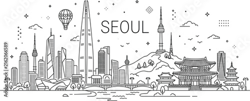 Beautiful Seoul South Korea city skyline panorama featuring Han river waterfront bridge and historic temple vector illustration