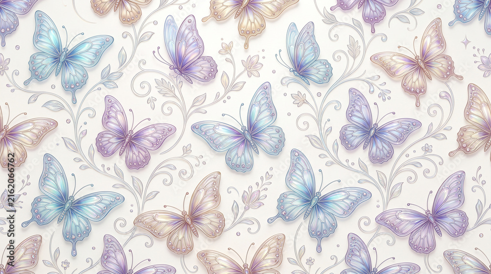 Fototapeta premium Seamless pattern with iridescent butterflies and swirling floral vines on a soft white background