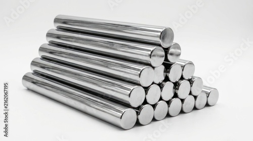 stack of polished silver metal rods on plain white background