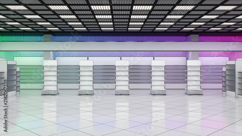 Double-sided gondola display racks in a retail store interior with colorful walls with a geometric pattern. 3d illustration