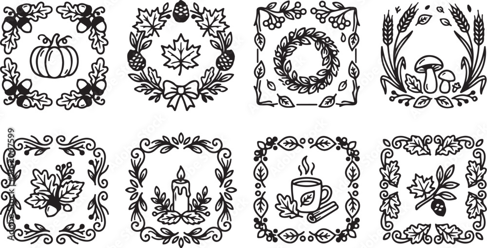 Fototapeta premium Vintage autumn decorative border illustrations