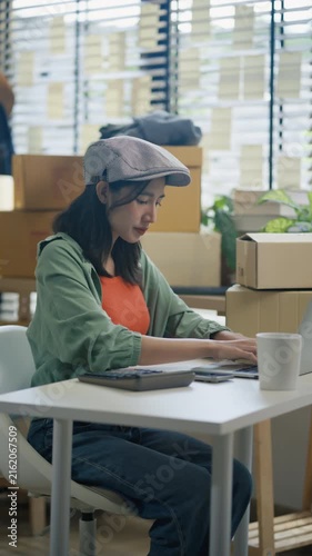 Women use laptop or phone for home office,package and e commerce checklist with stock to customer.Small business people with digital tech,logistics fulfillment,box and phone for online website order