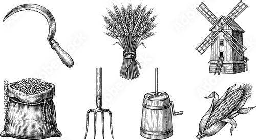 Agriculture and Vintage Farming Equipment Vector Set with Windmill, Wheat Sheaf, Sickle, Pitchfork, and Sack Icons for Rural Harvest Designs