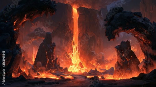 Dramatic fantasy game background featuring glowing lava waterfall, volcanic rocks, fire, and a dark cavern environment.