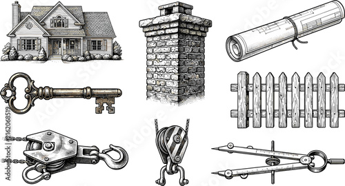 Hand Drawn Architecture Construction and Real Estate Icon Set with House Blueprint Key Chimney Fence Pulley Hoist and Divider Caliper