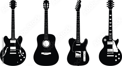 Set of four distinct black guitar silhouettes including hollow body acoustic and classic electric instruments vector