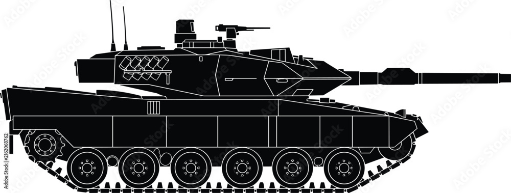 Fototapeta premium Modern military main battle tank side view black silhouette illustration isolated on a clear white background