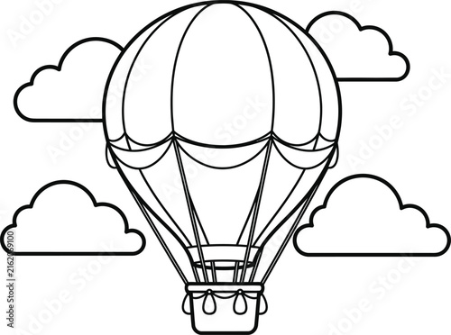 Black and white line art illustration of a hot air balloon floating among fluffy clouds for coloring
