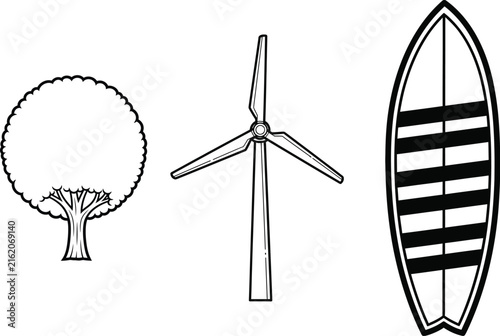 Set of simple black and white line art icons featuring a tree a wind turbine and a surfboard