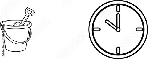 A simple black and white line art illustration featuring a beach bucket with shovel and a wall clock