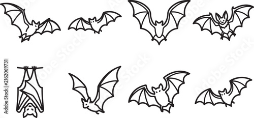 Eight different bat flying illustrations