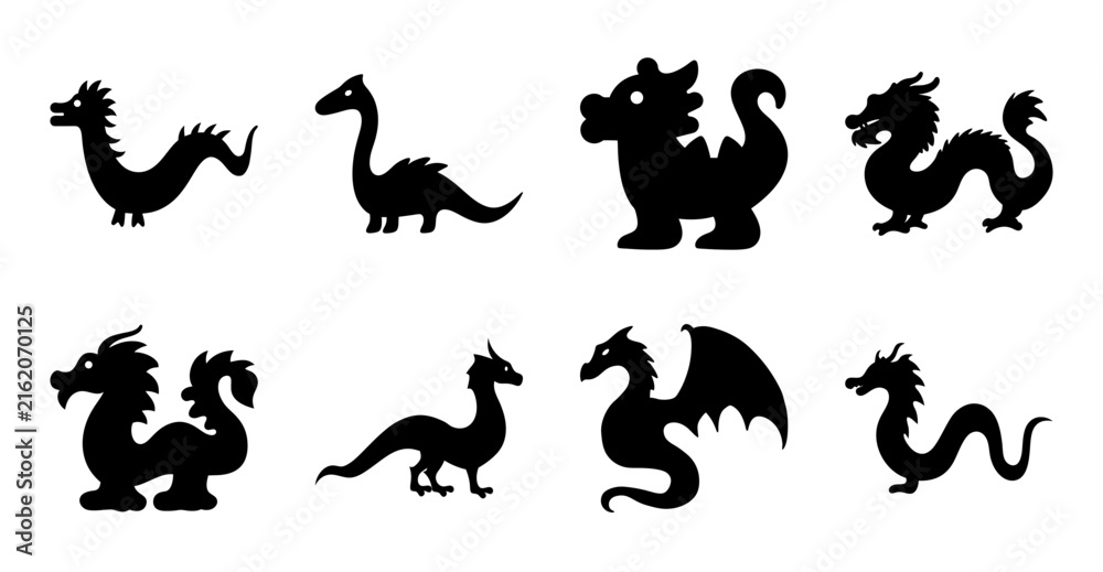Obraz premium Black silhouette dragons in various poses - A collection of stylized black dragon silhouettes in dynamic poses, perfect for fantasy-themed projects, illustrations, or icons.